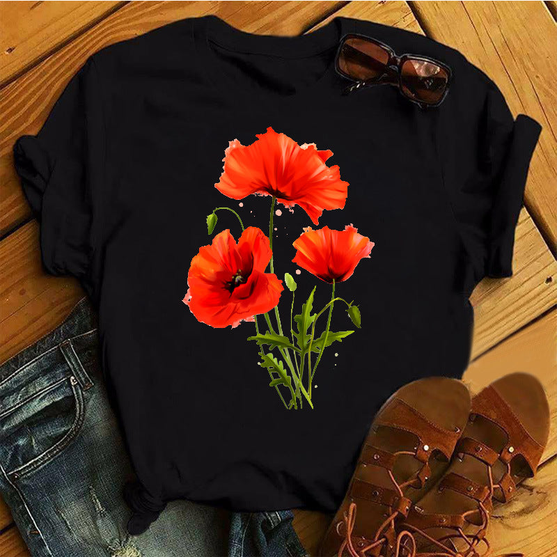 Floral Flower Pattern Printed Summer Casual Ladies T Shirt