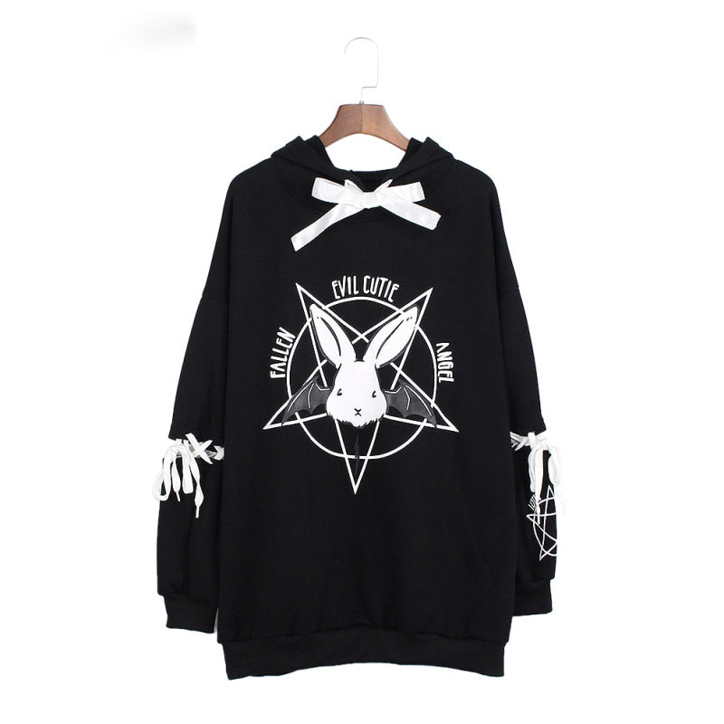 Harajuku Pentagram Print Lace Up Women Fleeces Hoodies Gothic Punk Sweatshirt