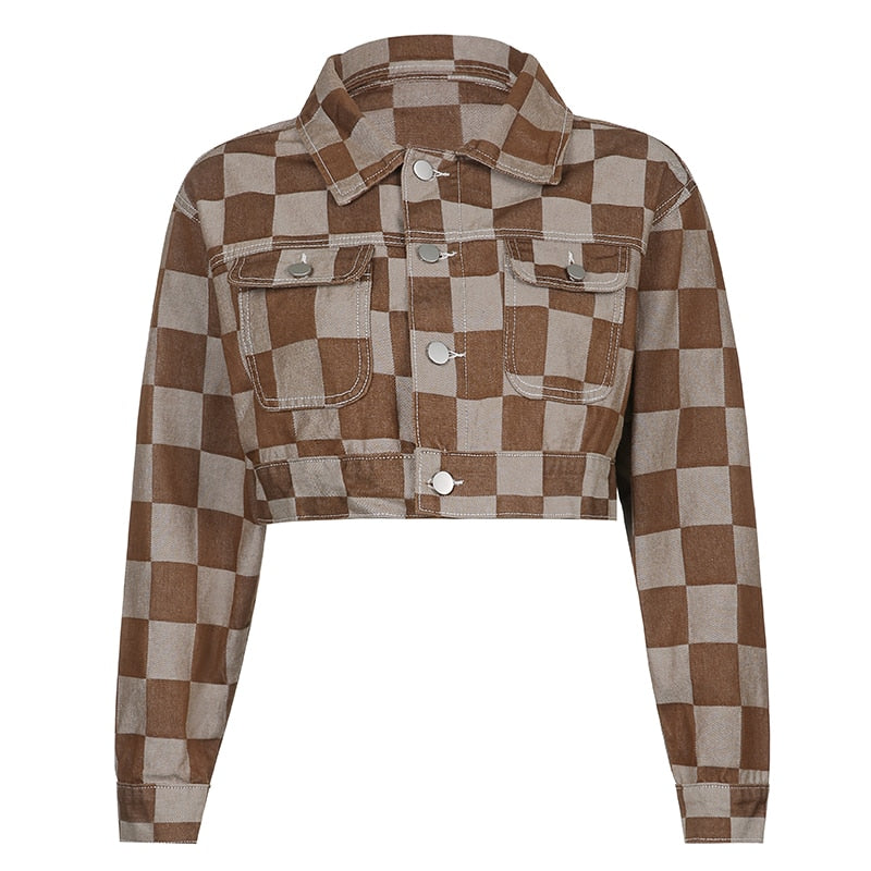 Vintage Brown Plaid Chess Print Short Denim Women Jacket