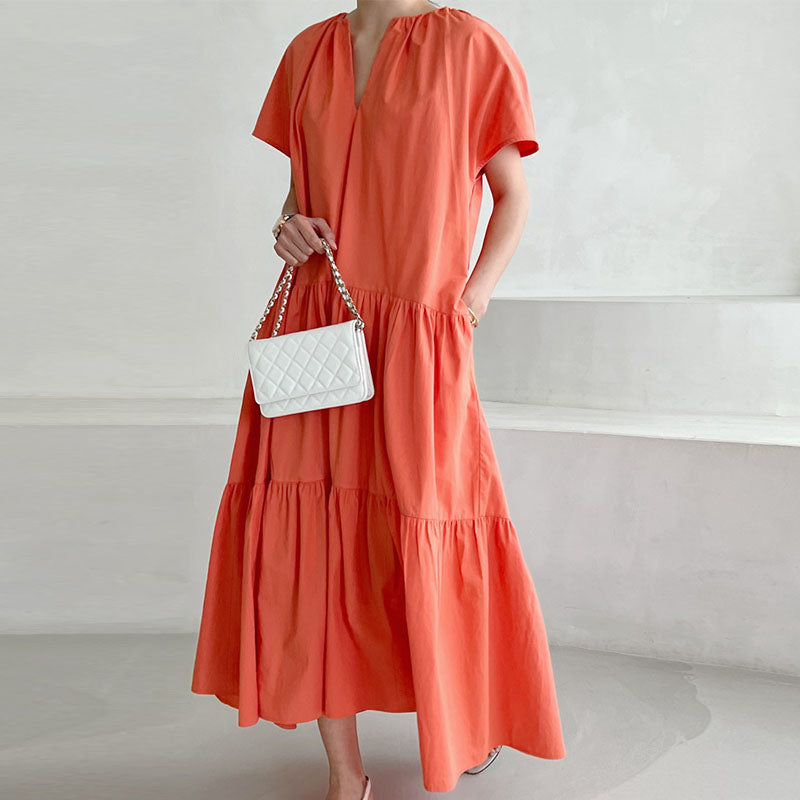 Women V-neck Pleated Loose Causal Dress