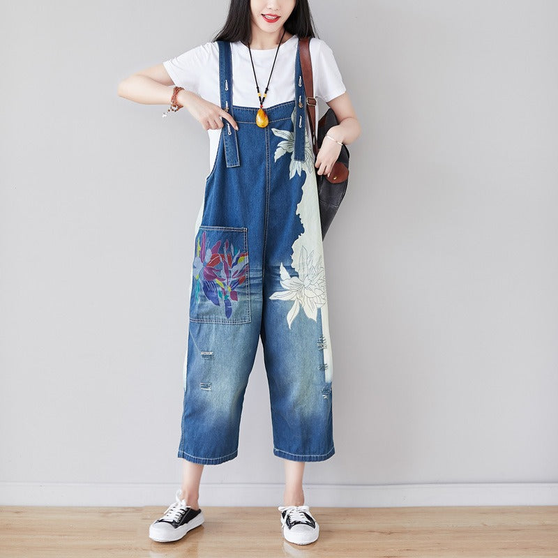 Trendy Printed Large Size Washed Overall Denim Jumpsuit