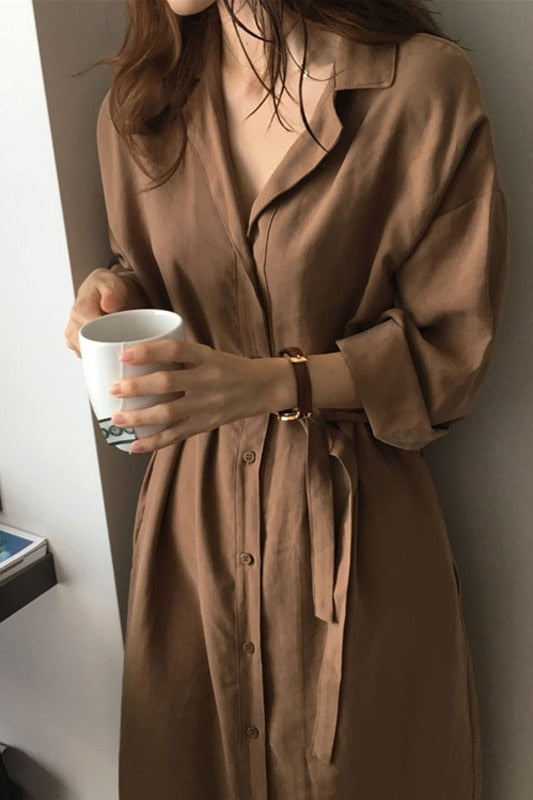 Chic Korean Style Long Sleeve Overall Collar Buttons Loose Dress