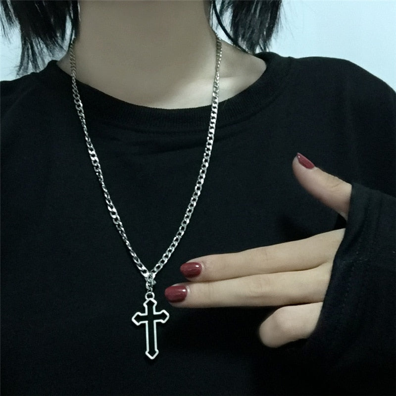 Vintage Gothic Hollow Cross Pendant Necklace Silver Color