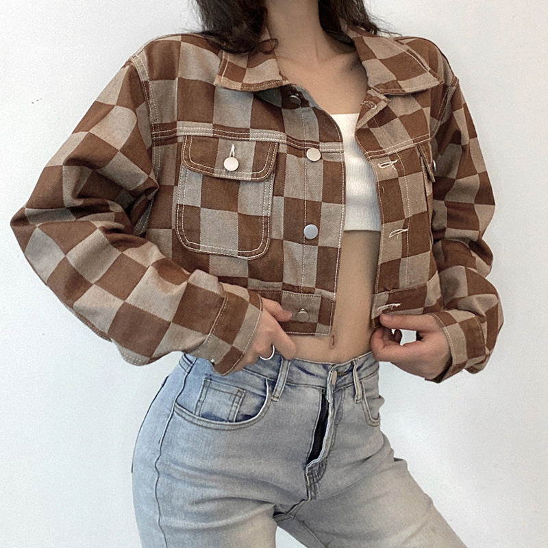 Vintage Brown Plaid Chess Print Short Denim Women Jacket