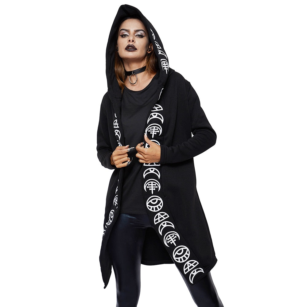 Fall Gothic Casual Cool Chic Black Hooded Printed Punk Sweater