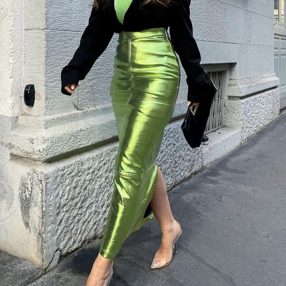 Sexy Sparkly Slit High Waist Metallic Green Women Skirt