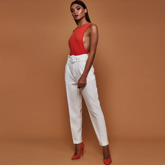 High Waist  Belted Straight Leg Slacks Women Trousers