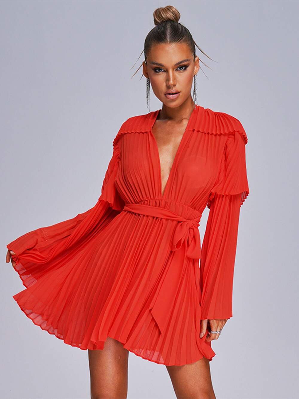 New Flare Long Sleeve V-neck Bright Pleated Women Sexy Empire Waist Chiffon Dress