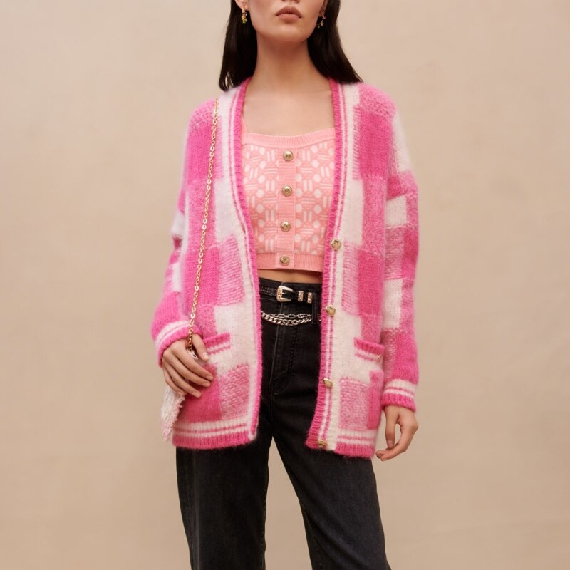 New Mohair V-neck Plaid Pink Knitted Cardigan