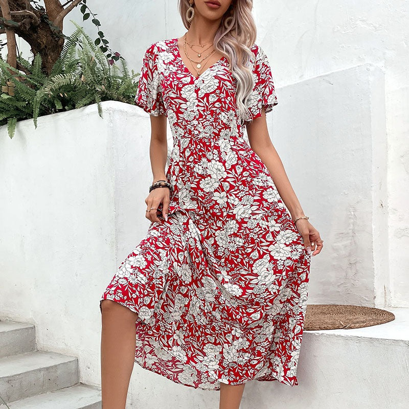 Summer Fashion Women's Red Print Temperament Dress