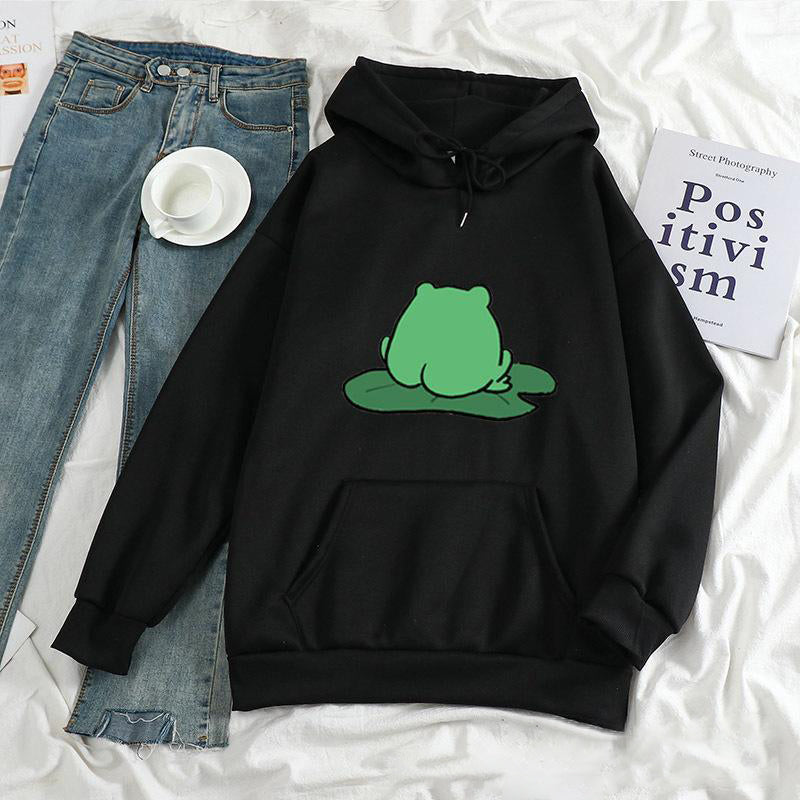 Cute Frog Sweater Round Neck Hooded Pocket Tops