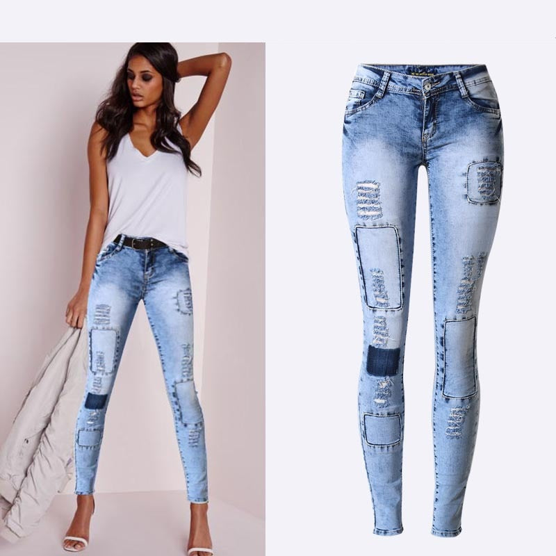 Summer Style Low Waist Sky Blue Patchwork Skinny Tights Women Pencil Jeans