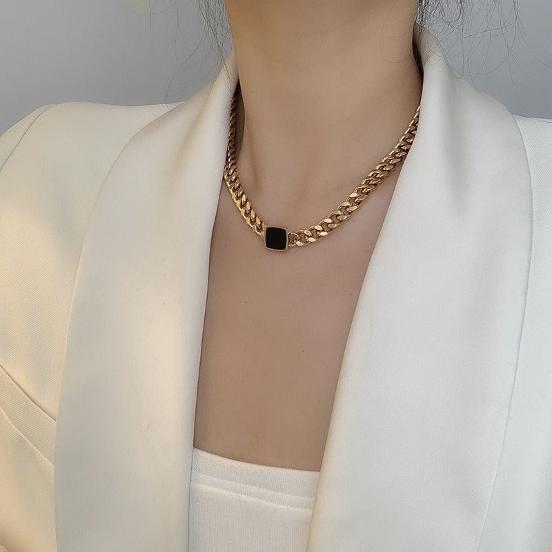 Black Square Collarbone Titanium Steel Thick Chain Necklace