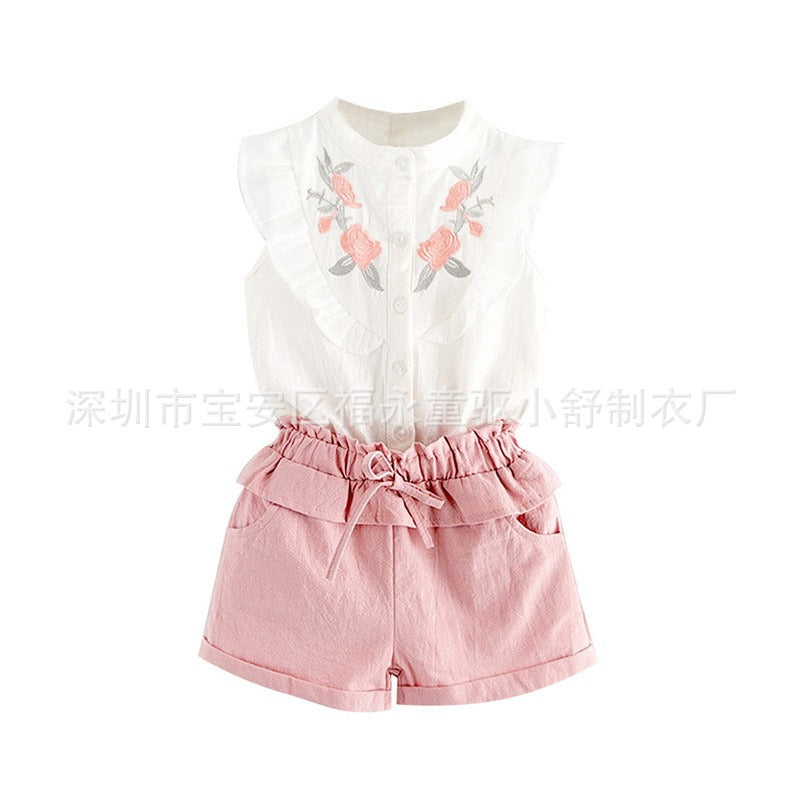 Children's Clothing Girls Embroidered Flowers Ruffled Lace Sleeveless Shirt Two-Color Shorts Set