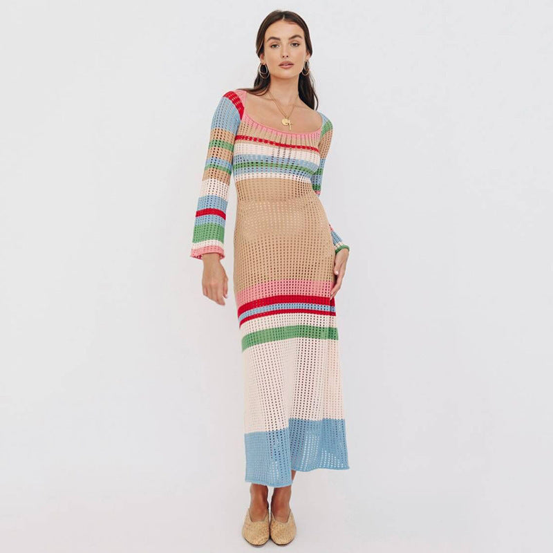 Striped Knitted  Long Dress Full Sleeve Hollow Out Casual Maxi Dress