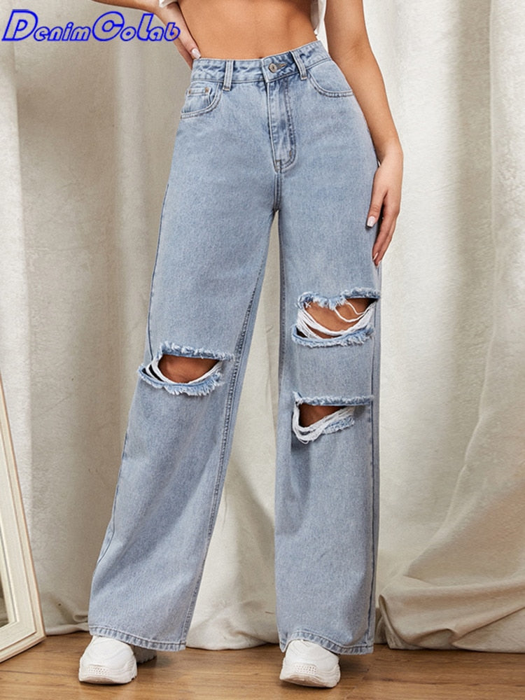 Hole Washed Wide Leg Pants Jeans