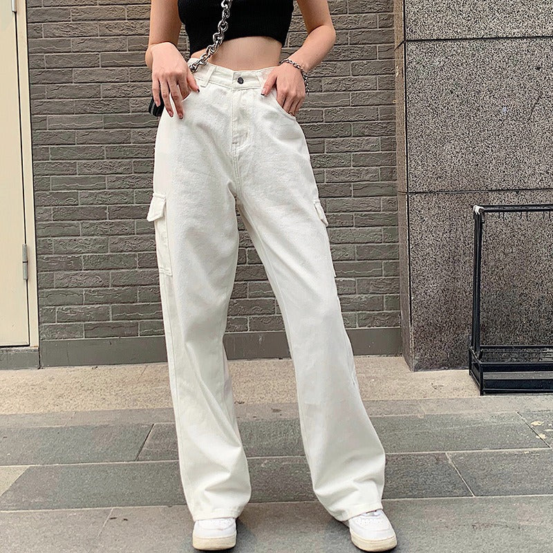 Summer New Korean Pants Pocket High Waist Slim Straight Pants