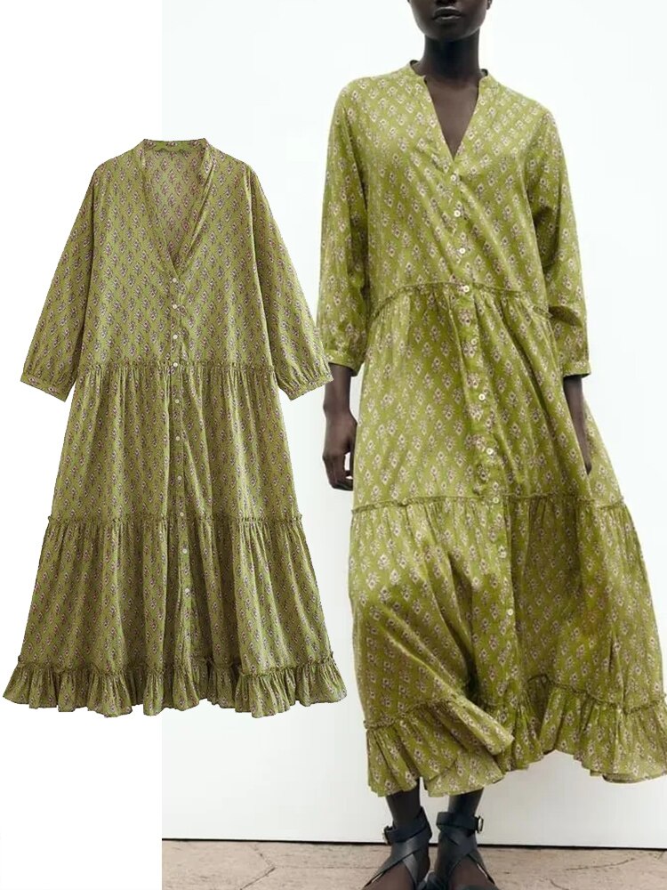 Women Loose Print Mid-Calf Dress Elegant Long Sleeve Dress