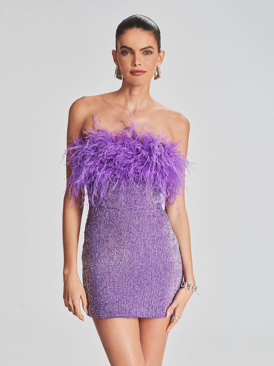 Women Sexy Backless Ostrich Feather Tassel Tube Top Dress