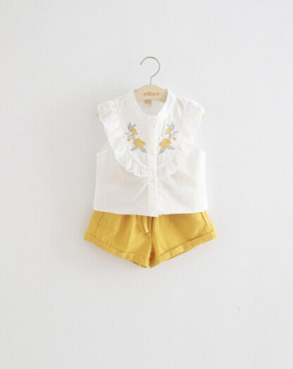 Children's Clothing Girls Embroidered Flowers Ruffled Lace Sleeveless Shirt Two-Color Shorts Set