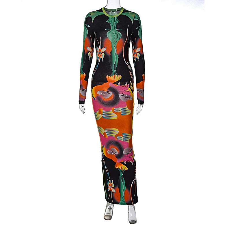 Hugcitar Print Long Sleeves Graphic Patchwork Dress