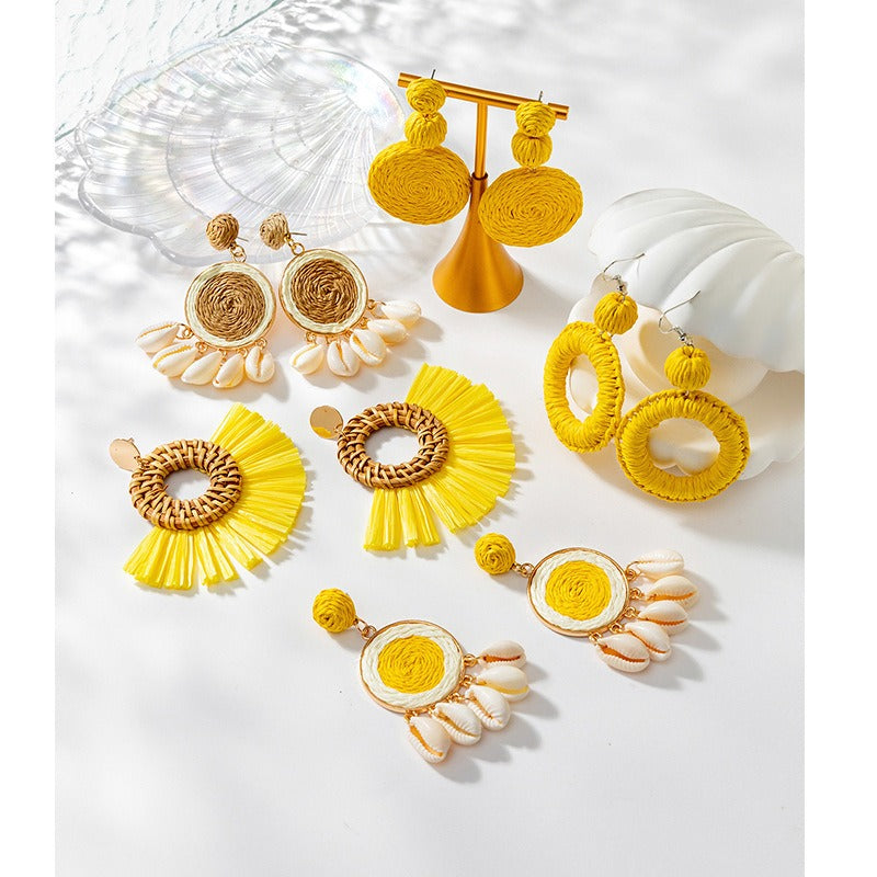 Beautiful Yellow Woven Lafite Earrings for Tourism and Vacation