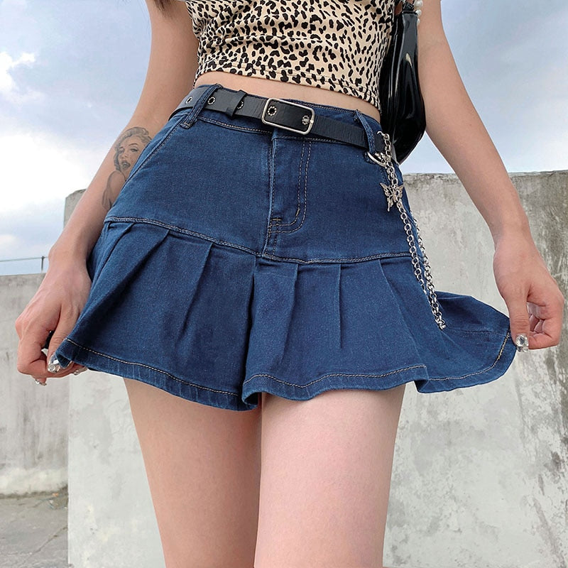 Harajuku Punk Denim Mini Pleated Ruffled Skirt