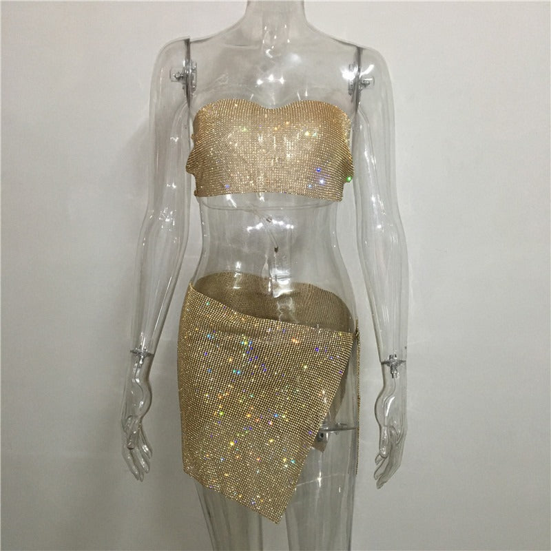 Two-piece Rhinestone Flash Diamond Top and Skirt