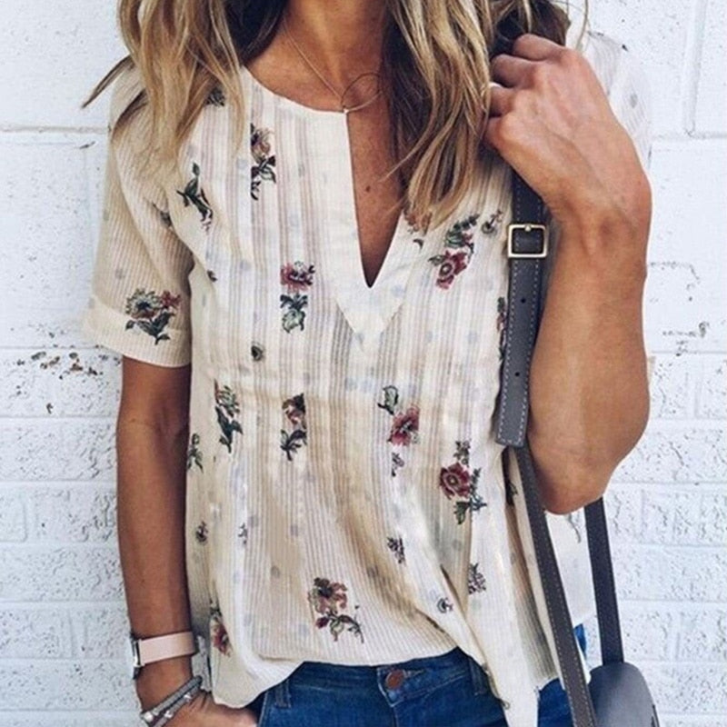 Women Blouse Floral V-Neck Short Sleeve Tops