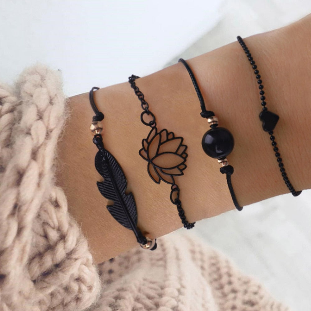 New Fashion 4PCs Gothic Black Feather Lotus Bracelets Set