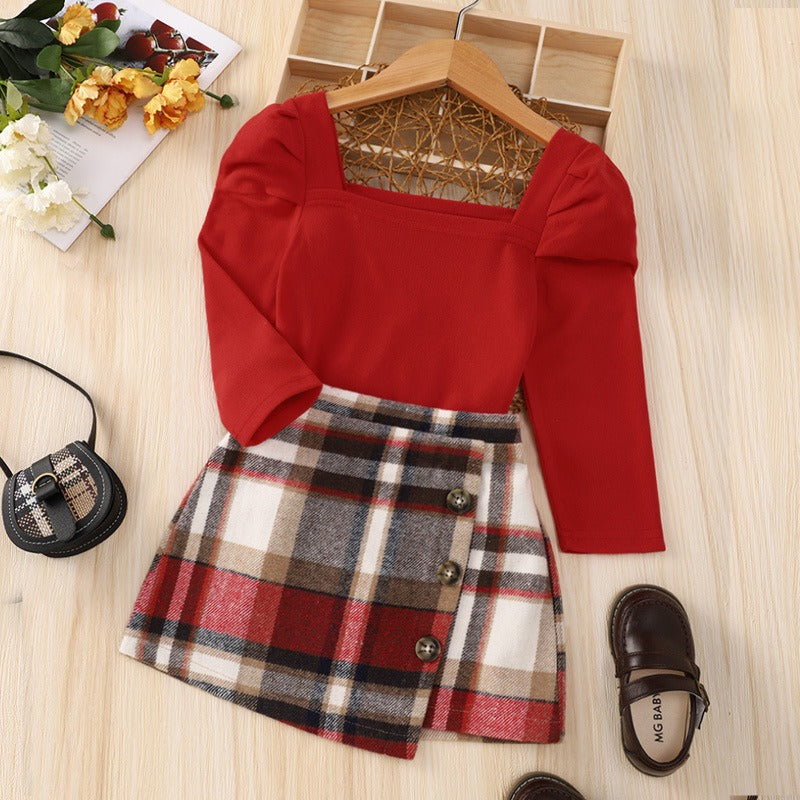 Red Long Sleeved Mid Autumn Children's Autumn Dress Tartan Suit