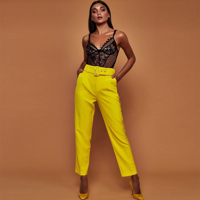 High Waist  Belted Straight Leg Slacks Women Trousers