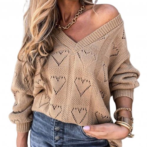 Women Love Heart Hollow Crochet Sweater Loose V Neck Long Sleeve Knitwear