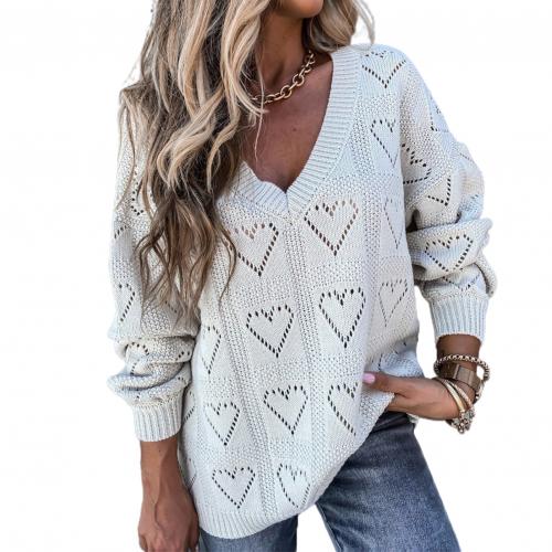 Women Love Heart Hollow Crochet Sweater Loose V Neck Long Sleeve Knitwear