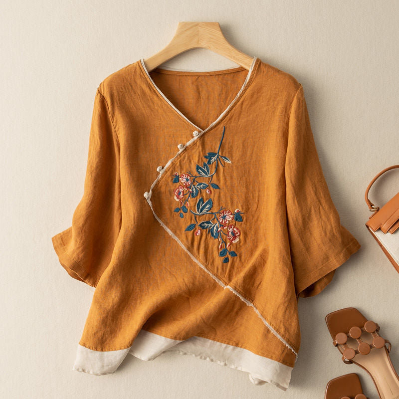 Women's  Loose V-neck Embroidery Top