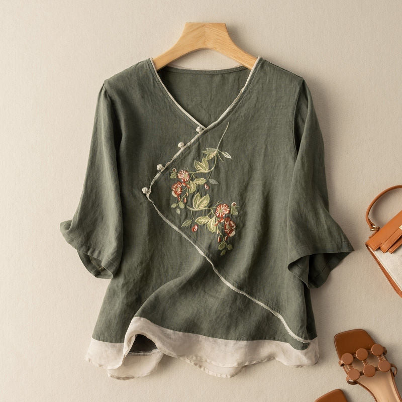 Women's  Loose V-neck Embroidery Top