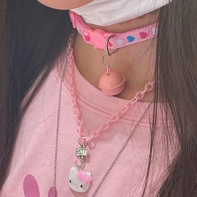 Lolita Girls Cute Cartoon Heart Print Bell Necklace Adjustable Collars