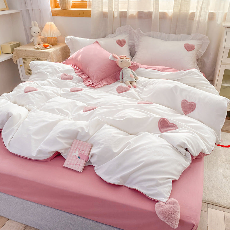 Korean Girl Heart Embroidery Cotton Four-piece Set