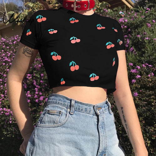 Black Cherry Crop Top Tee Kawaii Women Shirt