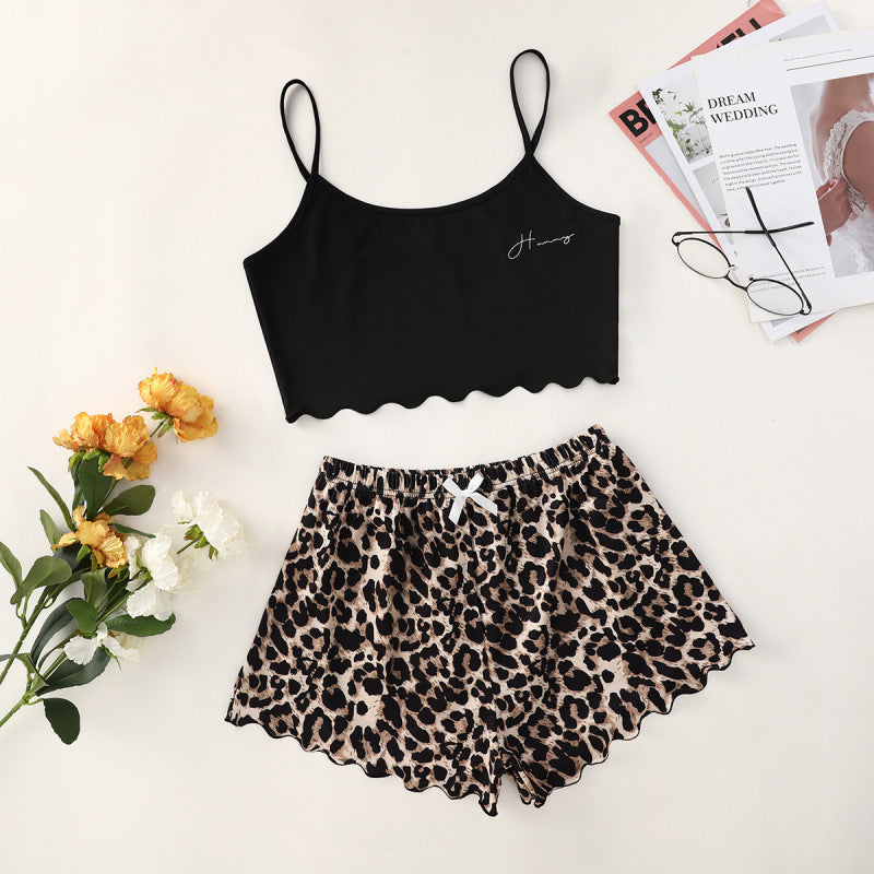 Women's Letter HONEY Printed Camisole + Leopard Print Shorts Homewear Set