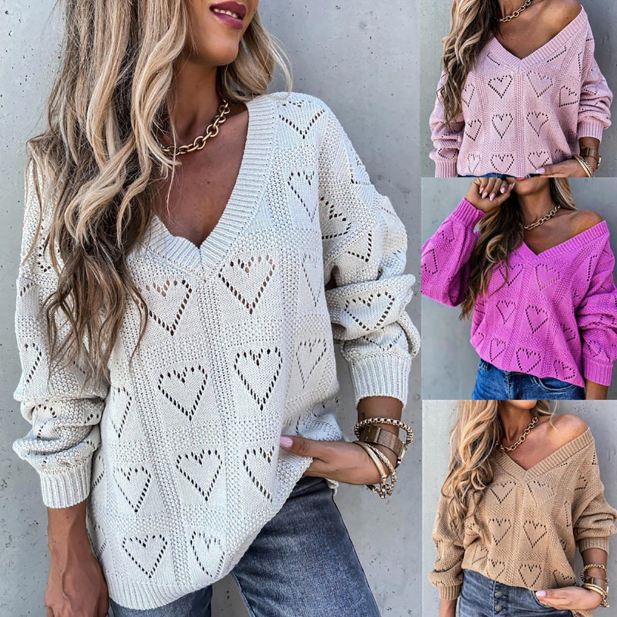 Women Love Heart Hollow Crochet Sweater Loose V Neck Long Sleeve Knitwear