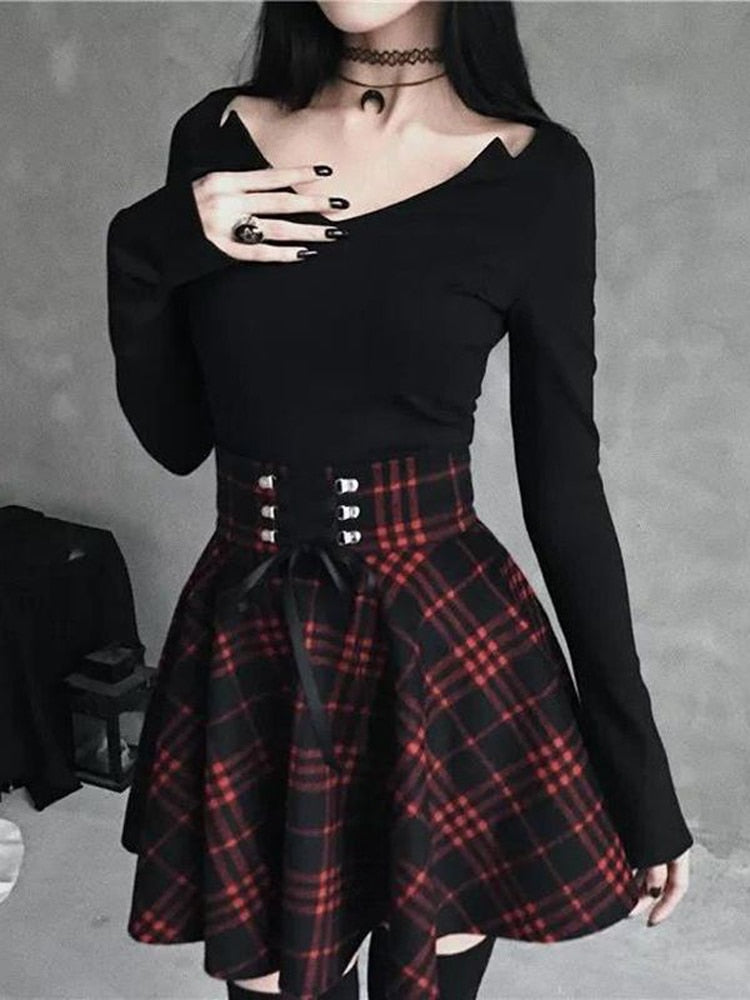 Black Checkered Women's Gothic Skirt Women Pleated Plaid Skirt