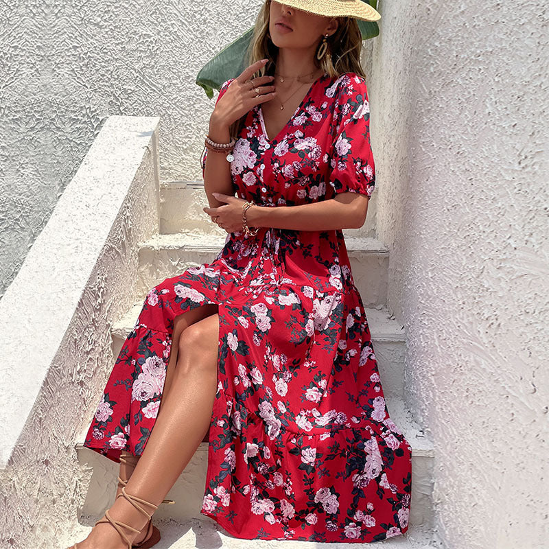 Fashion women's printed v-neck slit dress