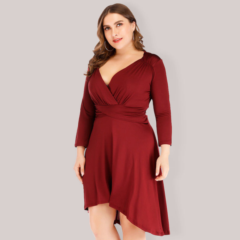 Women’s Plus Size Solid Color Ruched V Neck Long Sleeve High-low Hem A Line Dress