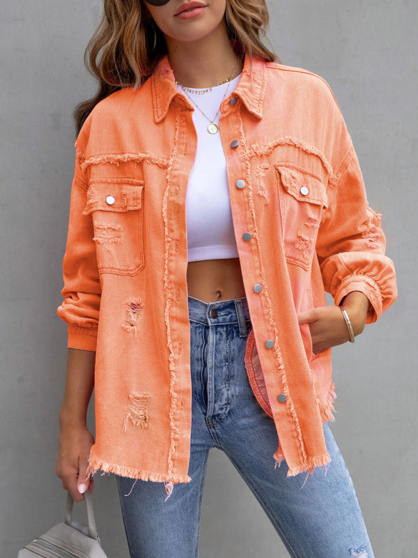 Women’s Solid Color Distressed Denim Jacket