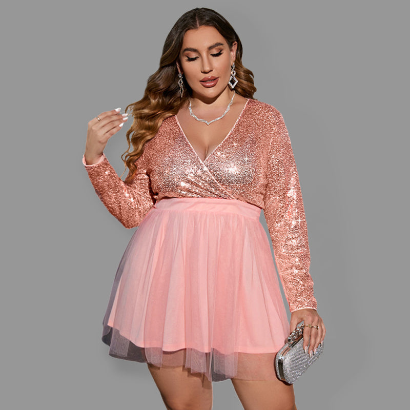 Women's Plus Size V Neck Long Sleeve Sequin And Mesh Minidress