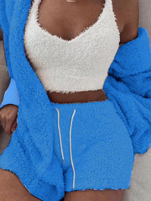 Plush Homewear Casual 3-piece Pajamas Long Sleeve Navel Vest Shorts Set