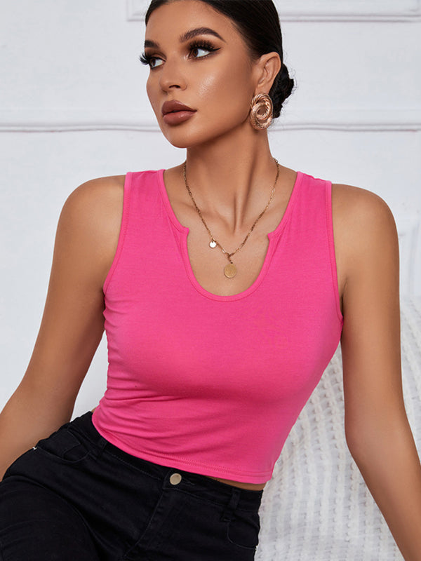 Women's Solid Color Knit Y-neckline Cropped Henley Tank Top