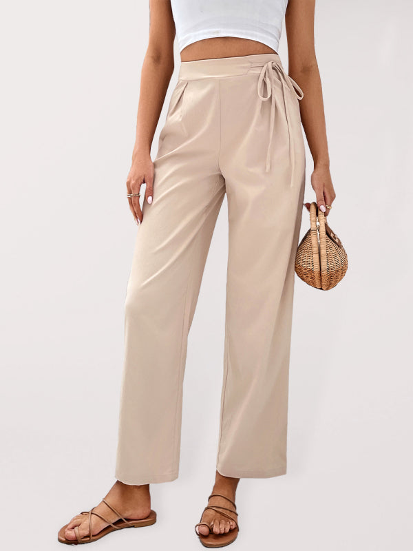 Women's Solid Color Cropped Tie Waist Pants