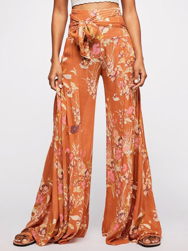 Women's printed loose casual holiday wind strappy wide-leg pants